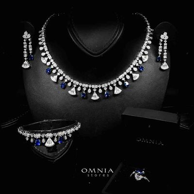 Omnia Marwa Blue Bridal Full Set in High Quality Zircon Stone Rhodium Plated
