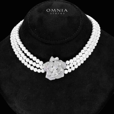 Omnia Nazira Silver Pearl Necklace and Flower Earrings in 925 Silver Accessories High Quality Simulated Diamonds