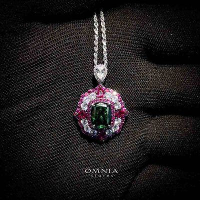 Omnia Maliya Green and Pink Necklace in 92.5 Silver with High Quality Simulated Diamonds
