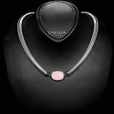 Omnia Naqiyah Silver Color Necklace,Bracelet and Earrings Set in High-Quality 8mm Stainless Steel with Pink Stone