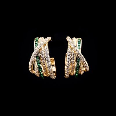 Omnia Emerald Glow Double Tone Wrap Hoop Earrings in High Quality Rhodium Plated