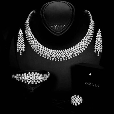 Omnia Taybah White Luxury Bridal Set In Rhodium Plated with High Quality Zircon Stones