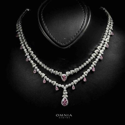 Omnia Ghada Pink Bridal Full Set with Rhodium Plated in High Quality Zircon Stone Rhodium Plated