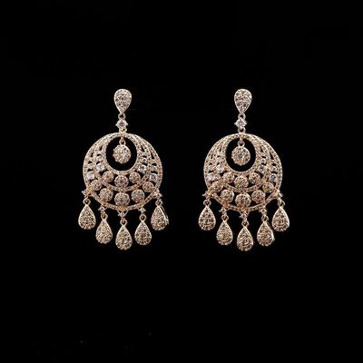 Omnia Crescent Golden Drop Earrings in High-Quality Zircon Stone and Rhodium Plated