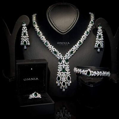 Omnia Shamma Green Bridal Full Set Accessories High Quality Zircon Stone in Rhodium Plated