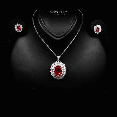 Omnia Alima Silver Necklace and Earrings Set in 925 Silver With High Quality GRC Certified Ruby Red Lab Grown Stones