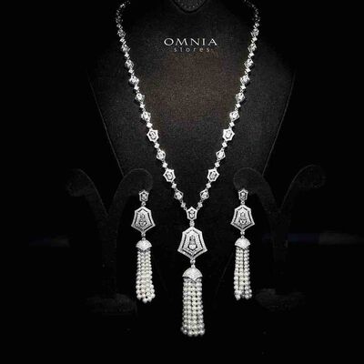 Omnia Lulu White Set in 92.5 Silver with High Quality Simulated Diamonds and Pearl Tassel Detailing