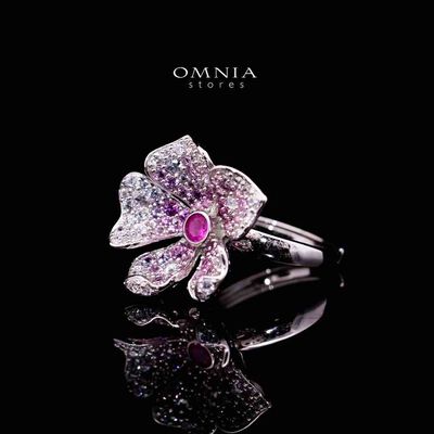Omnia Yasmine Purple Flower Ring in 92.5 Silver with High Quality Simulated Diamonds