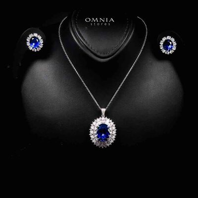 Omnia Zayra Silver Necklace and Earrings Set in 925 Silver With High Quality GRC Certified Saphhire Blue Lab Grown Stones
