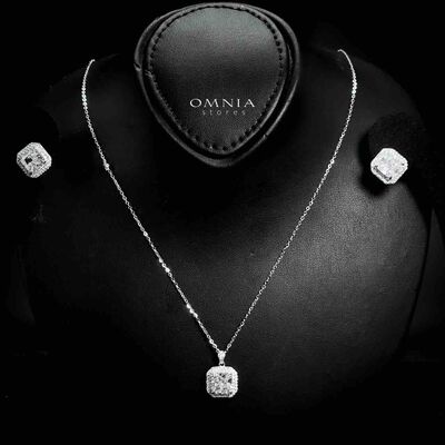Omnia Hiyam Silver Square Necklace and Earrings Set in 925 Silver with High-Quality White Ice Cut Stones