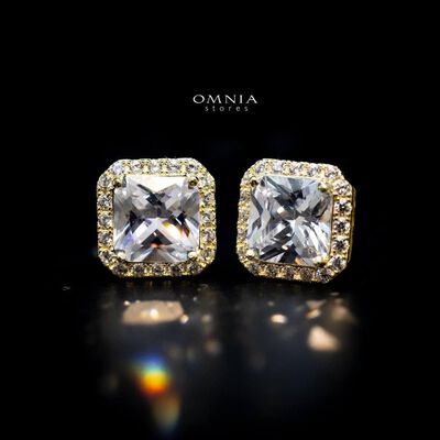 Omnia Ashley Golden Square Stud Earrings in 92.5 Silver with High Quality Iced Cut Stones