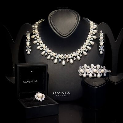Omnia Shulai Pearl Luxury Bridal Full Set Accessories in High Quality Zircon Stone in Rhodium Plated