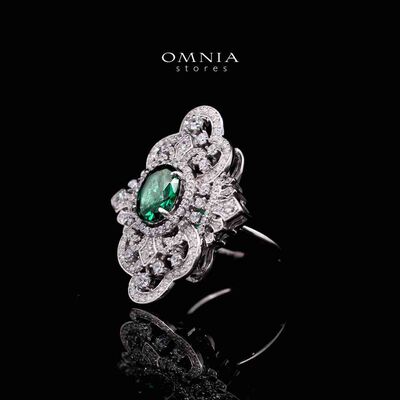 Omnia Bayan Green Silver Ring in 925 Silver with High Quality White Simulated Diamonds