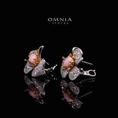 Omnia Ahram Pink Coral Flower Silver Drop Earrings in 925 Silver High Quality White Simulated Diamond Stones