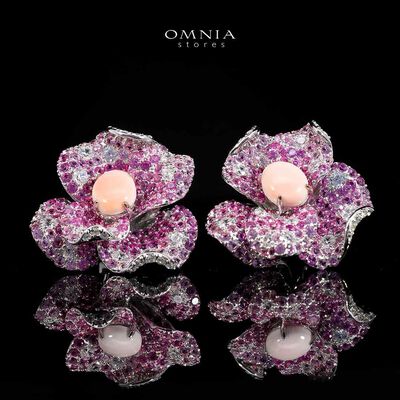 Omina Maiza Pink Coral Flower Earrings in 925 Silver with High Quality Pueple Simulated Diamond Stones