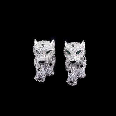 Omnia Salma Panther Design Earrings with Emerald Accents in 92.5 Silver and High-Quality Simulated Diamonds
