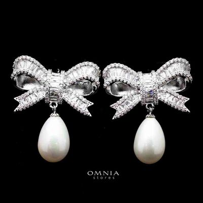 Omnia Imaan Ribbon Earrings in High Quality Zircon Stone Rhodium Plated