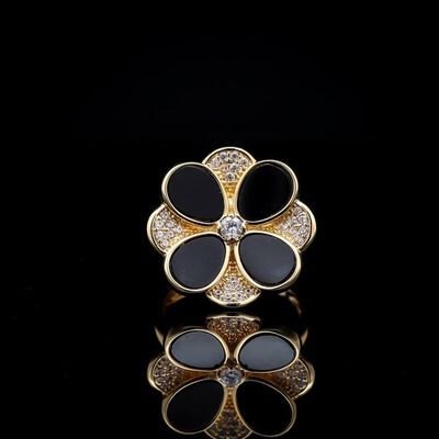 Omnia Hina Ring in Black Agate Stone in High Quality Zircon Stone in Rhodium Plated