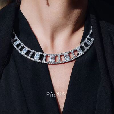 Omnia Alessandra White Necklace in 925 Silver with Emerald-Cut High-Quality Simulated Diamonds