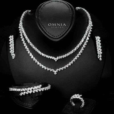 Omnia Nourhane White Double Layer Bridal Full Set in High Quality Zircon Stone in Rhodium Plated