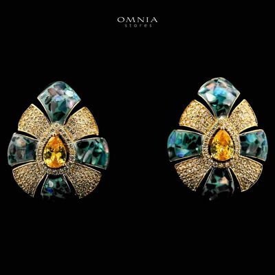 Omnia Ghaliya Golden Stud Eariings With Rhodium Plated In High Quality Zircon Stone