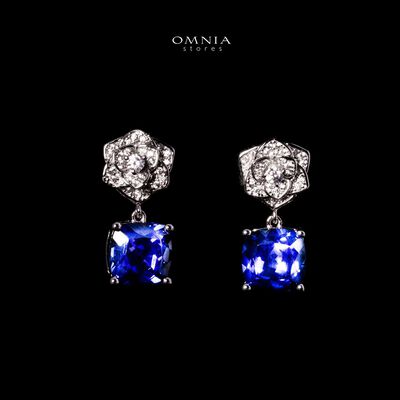 Omnia Khansa Silver Rose Design Drop Earrings in 925 Silver With High Quality GRC Certified Blue Sapphite Lab Grown Stones
