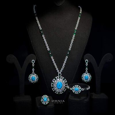 Omnia Ayala Blue &amp; Green Bridal Long Chain Full Set Accessories High Quality Zircon Stone In Rhodium Plated