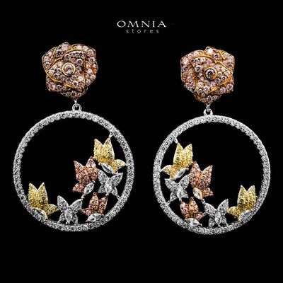Omnia Iris Flower Design Round Multi Color Earrings in 925 Silver with High-Quality Simulated Diamonds
