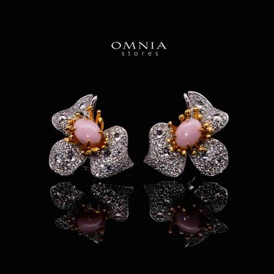 Omnia Ahram Pink Coral Flower Silver Drop Earrings in 925 Silver High Quality White Simulated Diamond Stones