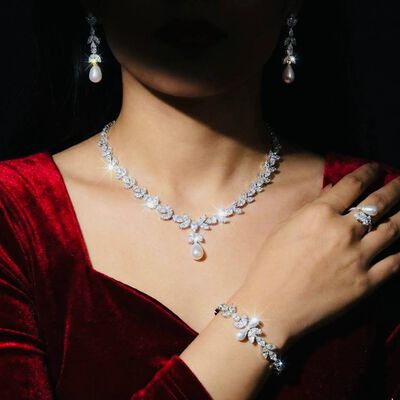 Omnia Shamsa Pearl Bridal Full Set in 925 Silver with High-Quality White Zircon Stones