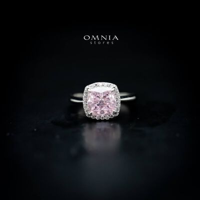Omnia Pink Cushion Cut Ring in 92.5 Silver with High Quality Iced Cut Stone