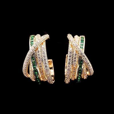 Omnia Emerald Glow Double Tone Wrap Hoop Earrings in High Quality Rhodium Plated