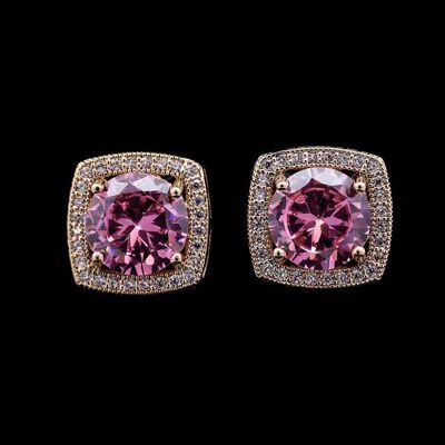 Omnia Pink Golden Halo Stud Earrings in High-Quality Zircon Stone in Rhodium Plated
