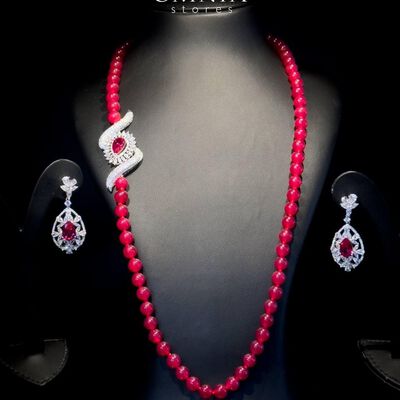 Omnia Irim Red Long Chain Set in High Quality Real Beads 92.5 Pure Silver Rhodium Plated