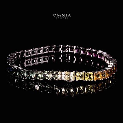 Omnia Zaha Rainbow Silver Tennis Bracelet in 925 Silver With GRC Certifited High Quality Sapphire Lab Grown Stones SQ 4x4mm