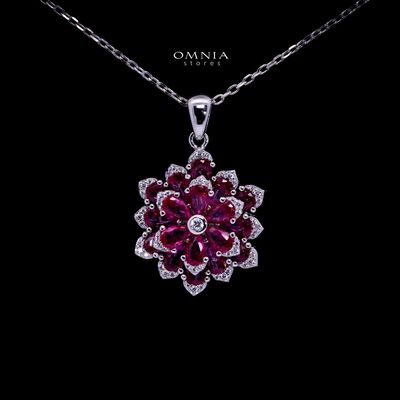 Omnia Damiyah Red Floral Silver Pendant Necklace in 925 Silver with High Quality Simulated Diamonds