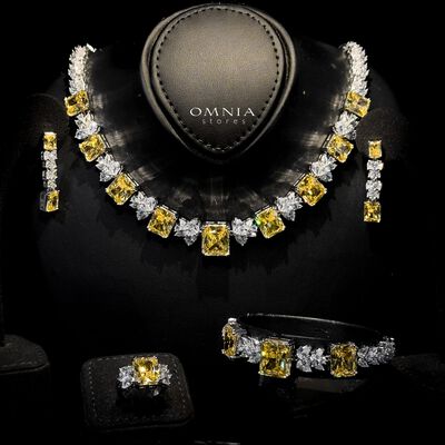 Omnia Amelia Yellow Bridal Full Set with Radiant and Pear-Cut High-Quality Simulated Diamonds in High-Quality Rhodium Plating