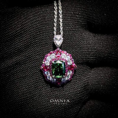 Omnia Maliya Green and Pink Necklace in 92.5 Silver with High Quality Simulated Diamonds