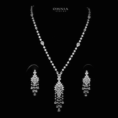 Azadeh White Bridal Long chain Set Accessories High Quality Zircon Stone In Rhodium Plated
