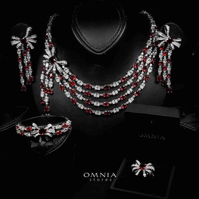 Omnia Mawada Red Bridal Full Set with Elegant Bow-Accent Design and High-Quality Zircon Stones in Rhodium Plated Finish