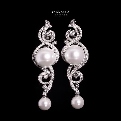 Omnia Naira Silver Pearl Drop Earrings In 925 Silver With High Quality Lab Crafted Stones