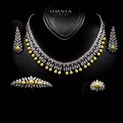 Omnia Shaika White in Golden Pearl Luxury Bridal Full Set in High Quality Zircon Stone Rhodium Plated