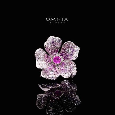 Omnia Yasmine Purple Flower Ring in 92.5 Silver with High Quality Simulated Diamonds