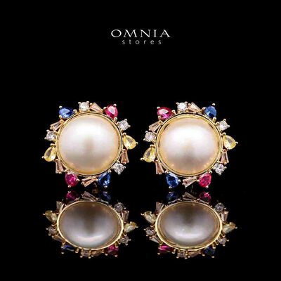 Omnia Serena White Mabel Pearl Halo Stud Earrings with Multi-Color Zircon Accents in Brass with Gold Plated Finish