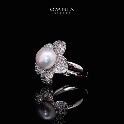 Omnia Najaah Floral Fresh Water Pearl Ring in 925 Silver In High Quality Simulated Diamonds