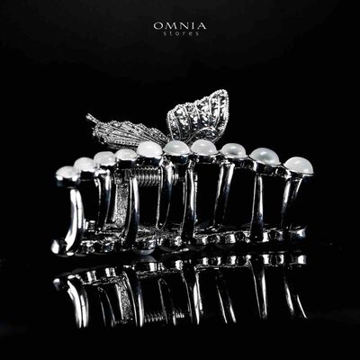 Omnia Ruwayda Pearl Butterfly Silver Hair Clip in High Quality Zircon Stone In Rhodium Plated