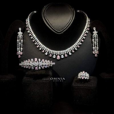 Omnia Nisrine Pink Bridal Full Set in High Quality Zircon Stone in Rhodium Plated