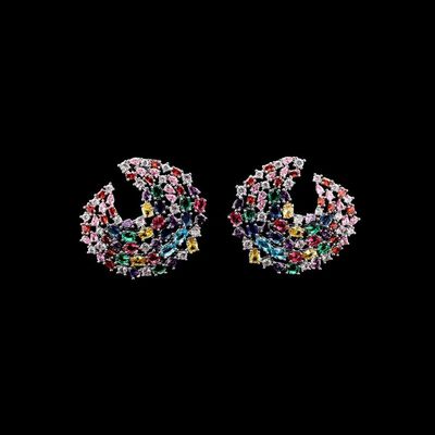 Omnia Mariam Multi-Colored Crescent Hoop Earrings with High-Quality Zircon Stones in Rhodium-Plated Finish