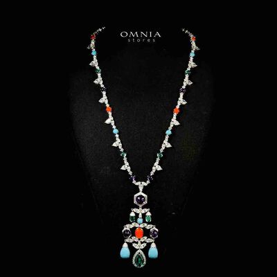 Omnia Raniya Chandelier Multi Color Silver Long Chain Necklace In 925 Silver High Quality Certified Lab Crafted Stones