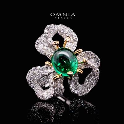 Omnia Zeenat Green and White Flower Silver Ring in 925 Silver High Quality Simulated Diamonds Stones